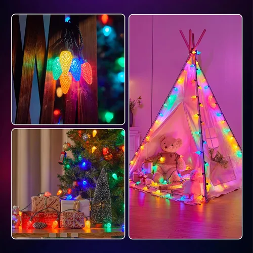 Vista 6 de Luces LED C9 de Navidad para exteriores, 97 pies, 150 LED, impermeables, decoraciones navideñas de fresas, luces de cadena, enchufables, luces