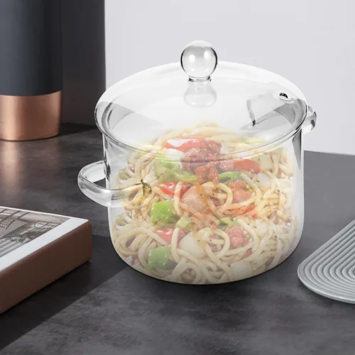 Vista 2 de Vaguelly Olla de vidrio para cocinar olla de 50.7 fl oz cacerola de vidrio con tapa para sopa de leche de fideos, para microondas y estufa