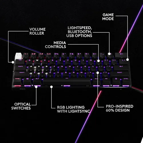 Vista 5 de Logitech G PRO X 60 Lightspeed - Teclado inalámbrico para juegos, ultra compacto TKL 60% mecánico para PC con Windows, LIGHTSYNC RGB, teclas PBT