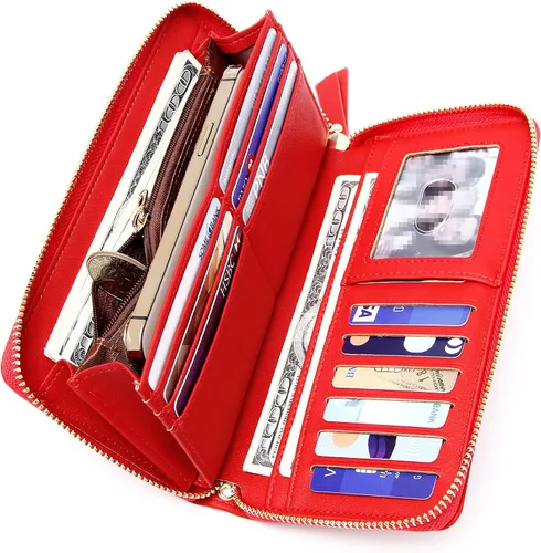 Vista 3 de GEEAD Billeteras para mujer de gran capacidad de piel sintética para tarjetas de crédito, Rojo