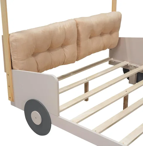 Vista 87 de Cama de plataforma en forma de auto de carreras de tamaño individual con ruedas, marco de cama de plataforma de madera con dos asientos y soporte