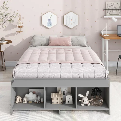 Vista 3 de Lakifun Cama de plataforma de tamaño matrimonial con estuche de almacenamiento y 2 cajones, marco de cama de madera maciza con listones de soporte