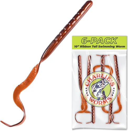 Vista 9 de Charlie's Worms Señuelos artificiales de cebo de pesca de 10 pulgadas con cola de cinta, para agua dulce y salada, con bajo suave, perfumado