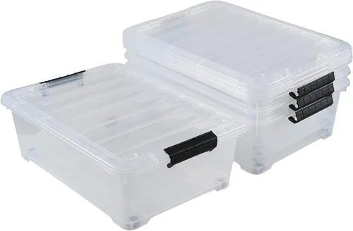 Vista 2 de 4 paquetes de cajas de almacenamiento poco profundas de 20 litros con ruedas, contenedores de plástico debajo de la cama