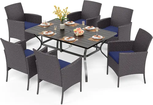 Vista 14 de PHI VILLA Juego de comedor al aire libre de 7 piezas para 6, mesa rectangular de hierro forjado de 152 cm con orificio para sombrilla y sillas