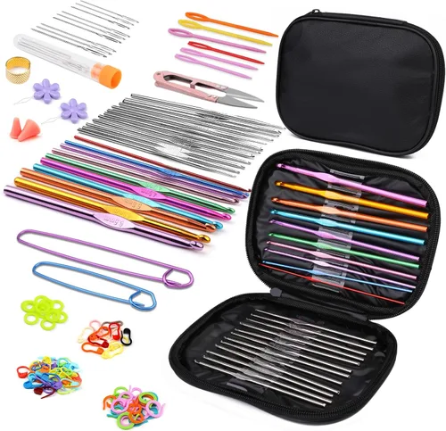 IMZAY - Juego de 110 piezas de ganchos de ganchillo, juego de agujas de crochet con estuche de almacenamiento, agujas para tejer ergonómicas y romo,