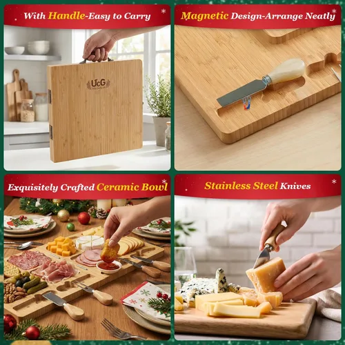 Vista 5 de UTCG Regalos de Tabla de Charcutería para Mujeres: Tabla de Queso Plegable de Bambú con Juego de Cuchillos - Regalo Único de Intercambio de Regalos