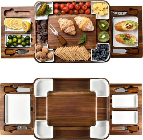 Vista 10 de Shanik Juego de Tabla de Quesos de Acacia Mejorado, Juego de Charcutería de Forma Cuadrada, Bandeja de Quesos, Diseño Hecho a Mano y Juego
