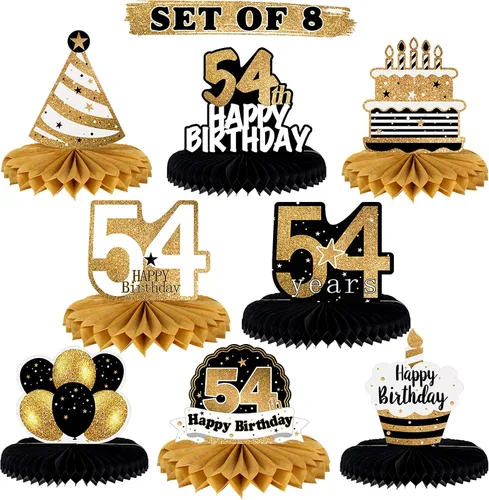 Vista 58 de LINGTEER Decoración de mesa de papel para pastel de 10 cumpleaños, color negro y dorado - Juego de 8 piezas, globos de estrella de pastel, centro
