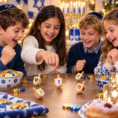 Vista 8 de Paquete de 10 Dreidels Hanukkah Draydel de madera natural con tarjetas de transliteración e instrucciones en inglés