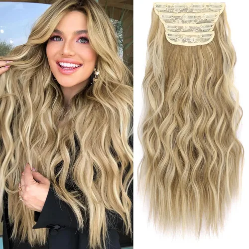 Vista 72 de KooKaStyle Extensiones de cabello sintético con pinzas, largo, ondulado, grueso, balayage, marrón chocolate a rubio caramelo, fibra 10H26