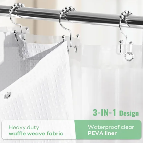 Vista 41 de Cortina de ducha de tela Dynamene verde oscuro - Cortinas de baño de tela de nido de abeja texturizadas resistentes, juego de cortinas de baño