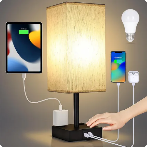 Vista 8 de Soilsiu - Lámpara de mesa para dormitorio, lámpara táctil pequeña con puertos de carga USB C+A y salidas de CA, lámpara de mesita de noche regulable