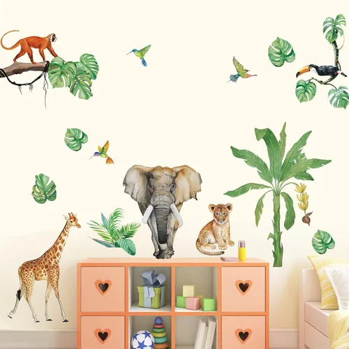 Vista 2 de decalmile Calcomanías de pared de animales de la selva, elefante, jirafa, hojas tropicales, pegatinas de pared, sala de estar, bebé, guardería