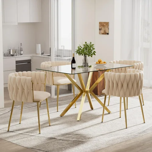 Vista 18 de Juego de comedor moderno de vidrio de lujo de 5 piezas, juego de comedor rectangular minimalista para 4, juego de mesa de cocina de vidrio