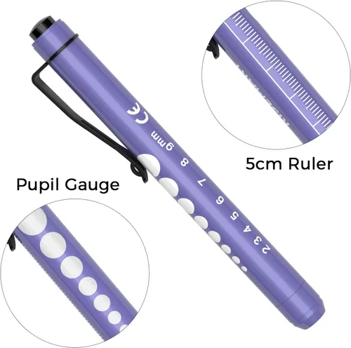 Vista 3 de RISEMART - Minilinternas para enfermeras, pack de 2, linterna médica reutilizable con medidor de pupila y regla, luz LED blanca para estudiantes