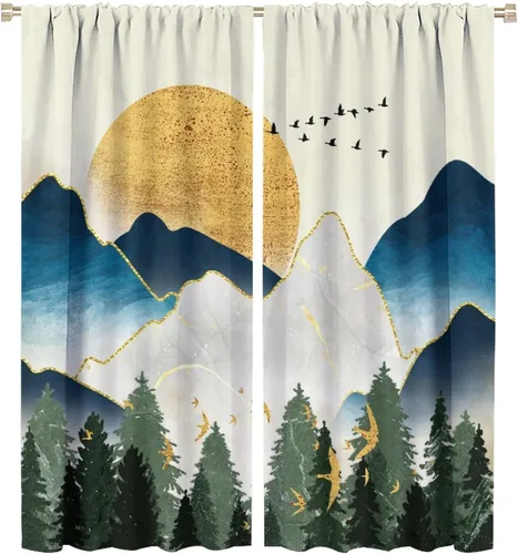 Vista 45 de Cortinas opacas abstractas de bosque y montaña para sala de estar, estilo retro, de mediados de siglo, bohemio, con diseño de mármol, aislamiento