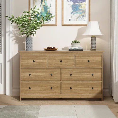 Vista 13 de Cómoda negra de 7 cajones para dormitorio, cómoda de madera de 55 pulgadas de ancho con asas doradas, organizador moderno y grande para sala