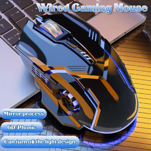 Vista 2 de Ratón para juegos con cable, mouse USB ergonómico 1200 1800 2400 3600 DPI, mouse silencioso con cable para computadora con retroiluminación RGB, 6