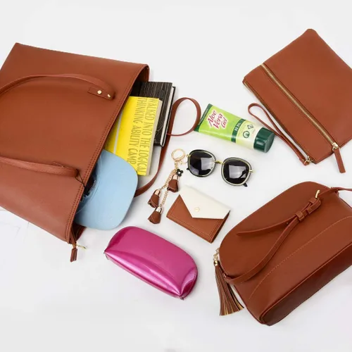 Vista 6 de Juego de 4 bolsas de mano para mujer, bolsa de hombro con asa superior, bolsa de mano, Marrón, L