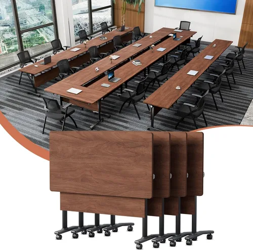 Vista 49 de Mesa de conferencias plegable con ruedas, mesa modular para sala de conferencias con 2 ojales para cables, mesas móviles de sala de reuniones