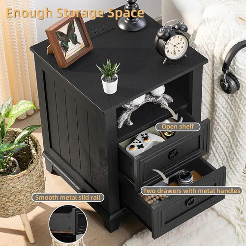 Vista 4 de Joaxswe Mesita de noche estilo granja de 18" con estación de carga, cómoda con mesa auxiliar de 2 cajones para dormitorio, mesita de noche de madera