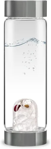 Vista 14 de VitaJuwel ViA ADORE - Botella de agua de cristal con piedra lunar, cuarzo rosa y cuarzo transparente para amor propio, compasión y crecimiento
