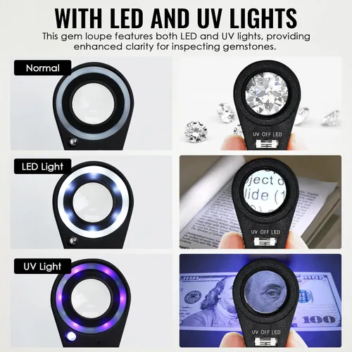 Vista 3 de 10x Lupa de Bolsillo Plegable con Luz UV y LED para Joyas, Rocas, Monedas y Antigüedades - Herramienta de Aumento Iluminada para Ojos, Sellos