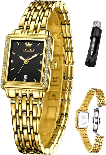 OLEVS Reloj dorado pequeño para mujer, relojes cuadrados para mujeres pequeñas, reloj de pulsera analógico de cuarzo analógico elegante y elegante