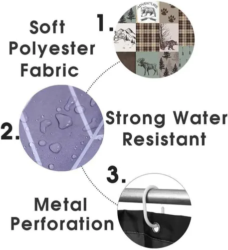 Vista 220 de Camille&Andrew - Juego de 4 cortinas de ducha de tela de ciervo rústico negro, alce, alce, pino, luna, casa de campo, panel rústico, tablero