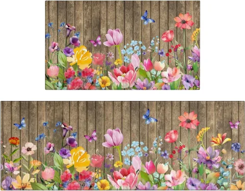 Vista 8 de Juego de 2 alfombras y tapetes de cocina de Pascua, diseño de primavera con texto en inglés «Hello My Peeps», diseño de conejito de pollito