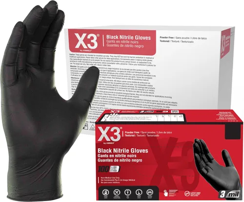 Vista 7 de X3 Black Gloves, Disposable, Latex Free, Nitrile, for Cooking, Food Prep, 3 Mil, Powder-Free, Sizes Small through XX-Large