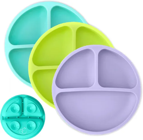 Vista 13 de Hippypotamus Platos para niños pequeños con succión, platos para bebés 100% de silicona de grado alimenticio con tapas, aptos para microondas