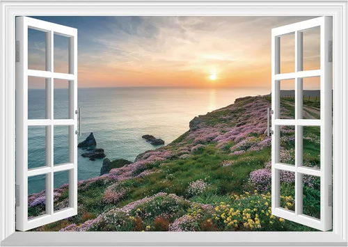 Vista 18 de FLFK Adhesivo falso para pared para ventana, mural de pared de ventana de playa de atardecer para decoración de pared, calcomanías de pared