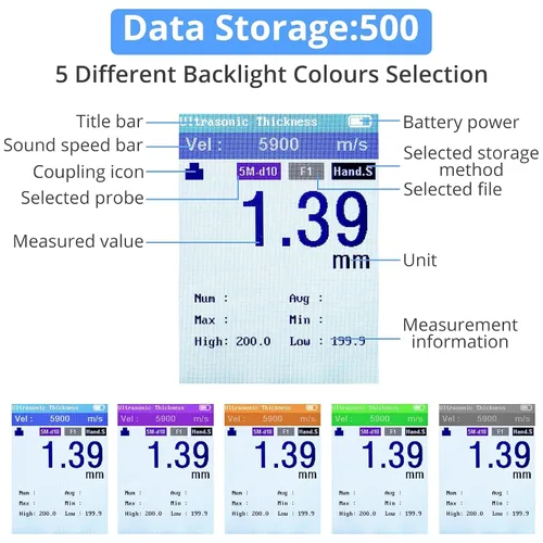 Vista 8 de CAMWAY Medidor de espesor ultrasónico digital con calibración de alta resolución de almacenamiento de datos retroiluminación LCD, medidor