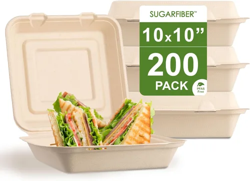 Vista 15 de [50 unidades] Paquete de cosecha de 6 x 6 pulgadas, contenedores de alimentos compostables para llevar, sin PFAS, cuadrados con tapas, caja