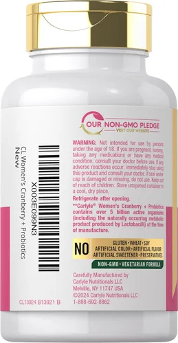 Vista 3 de Carlyle Probióticos Cranberry Plus para mujer 120 cápsulas con 14 cepas probióticas Vegetariano, sin OMG, suplemento sin gluten para ella