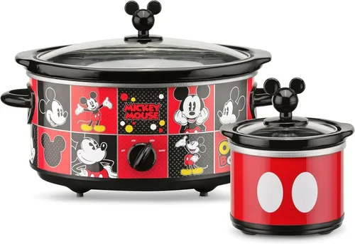 Olla de cocción lenta ovalada Disney DCM-502 Mickey Mouse de 5 cuartos con recipiente de 20 oz, color rojo/negro