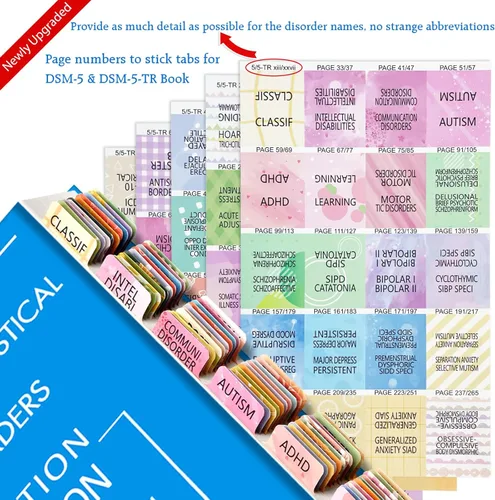 Vista 2 de Fichas de índice para DSM-5-TR, DSM-5, funciona para la última versión DSM-V-TR 2022, 18 pestañas en blanco incluidas, codificadas por