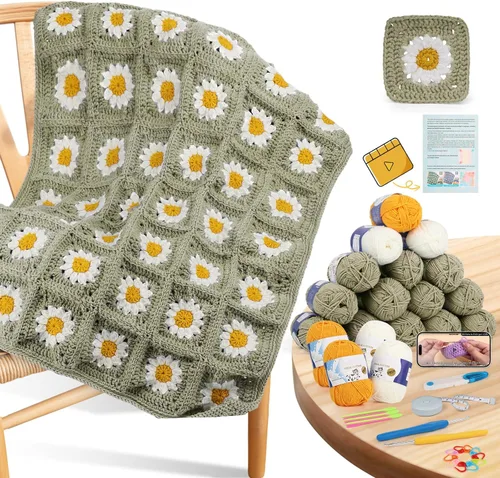 Vista 13 de Coopay Kit de manta de ganchillo para principiantes, kit de manta cuadrada de abuela todo en uno con video paso a paso y suficientes hilos. Maestra