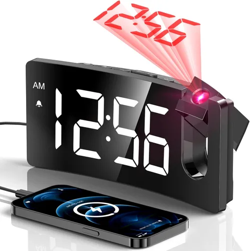 Reloj despertador de proyección, reloj digital con proyector giratorio de 180, atenuador de brillo de 3 niveles, pantalla LED transparente, cargador