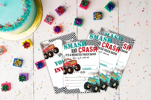 Vista 3 de 20 invitaciones de fiesta de cumpleaños de Monster Truck con sobres, invitación de fiesta de aplastamiento y choque, tarjetas de invitación