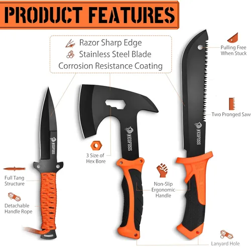 Vista 5 de NedFoss Machete de 15 pulgadas, hacha de 10 pulgadas con funda, cuchillo de caza de hoja fija con funda, hacha de camping con mango de reducción