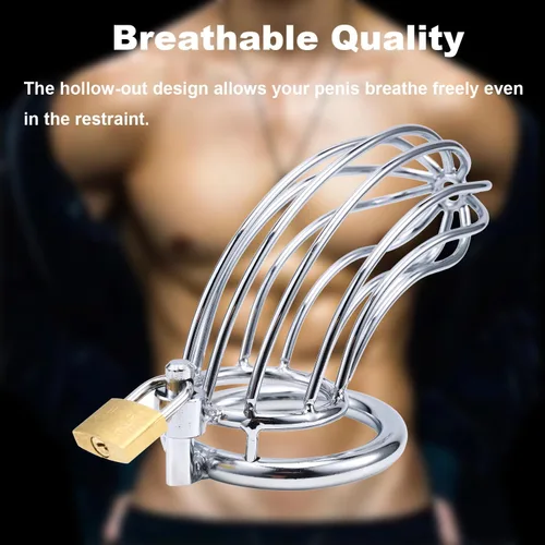Vista 6 de Jaula de castidad con candado de acero inoxidable Uleade™, juguete sexual para hombres (3 anillos), B, 1