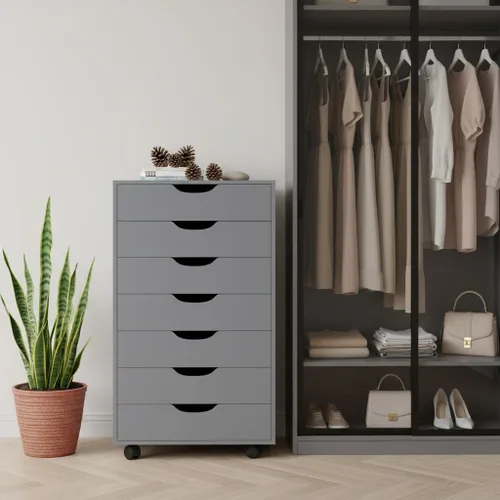 Vista 86 de Naomi Home Cómoda de 5 cajones para dormitorio, alta y elegante, con ruedas y estantes de almacenamiento, pequeña para guardarropa, para maquillaje
