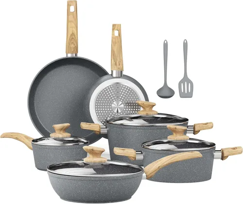 Vista 11 de Kitchen Academy Juego de utensilios de cocina de inducción – Juego de 12 sartenes antiadherentes de granito negro