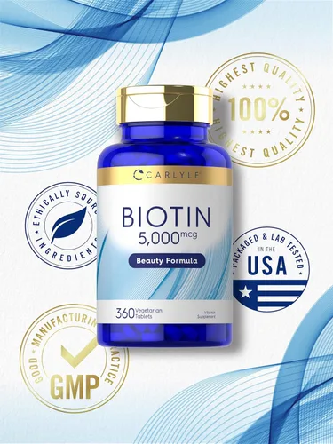 Vista 5 de Carlyle Biotin 5000mcg 360 tabletas vegetarianas Suplemento de fórmula de belleza para cabello, piel y uñas Sin OMG, sin gluten