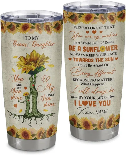 Vista 30 de Vaso de acero inoxidable personalizado con texto en inglés «To My Bonus Daughter From Stepmom», vaso curvado de 20 onzas con diseño de girasol