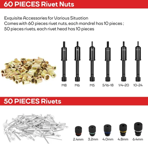 Vista 8 de Eastvolt Herramienta de tuerca de remache, remache de mano 3 en 1, pistola de remache, herramienta de tuerca de remache 3 en 1, incluye 60 tuercas