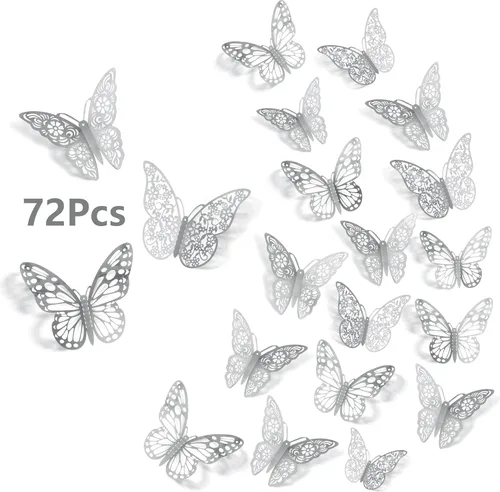 Vista 17 de Calcomanías de pared de mariposa 3D, 72 unidades, 3 tamaños, 3 estilos, calcomanías de pared metálicas extraíbles, calcomanías de pared para nevera